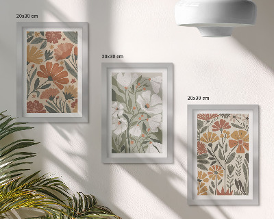 Tríptico enmarcado Estampados florales en tonos naranjas y verdes.