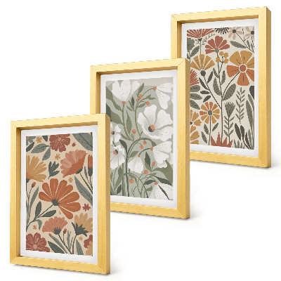 Tríptico enmarcado Estampados florales en tonos naranjas y verdes.