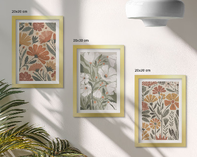 Tríptico enmarcado Estampados florales en tonos naranjas y verdes.