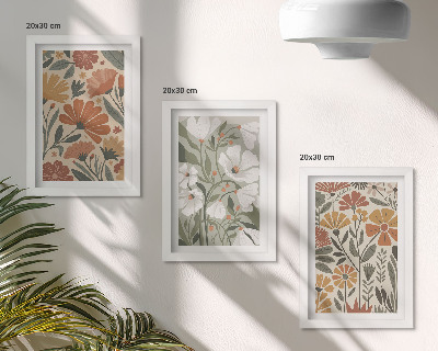 Tríptico enmarcado Estampados florales en tonos naranjas y verdes.
