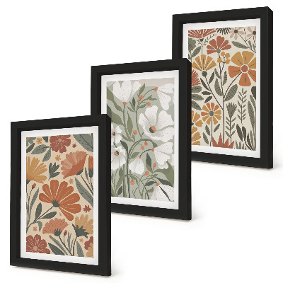 Tríptico enmarcado Estampados florales en tonos naranjas y verdes.