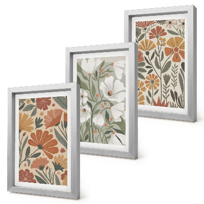 Tríptico enmarcado Estampados florales en tonos naranjas y verdes.