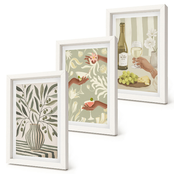 Juego de 3 cuadros decorativos Flores de olivo y cócteles rústicos