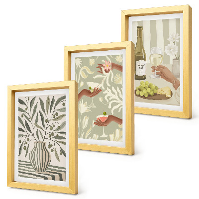 Juego de 3 cuadros decorativos Flores de olivo y cócteles rústicos