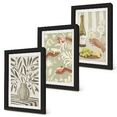 Juego de 3 cuadros decorativos Flores de olivo y cócteles rústicos
