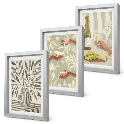Juego de 3 cuadros decorativos Flores de olivo y cócteles rústicos