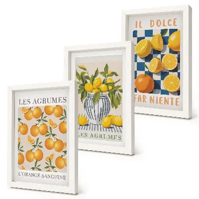 Fruta cítrica retro con detalles amarillos tríptico enmarcado