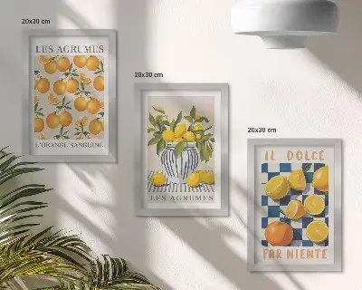 Fruta cítrica retro con detalles amarillos tríptico enmarcado