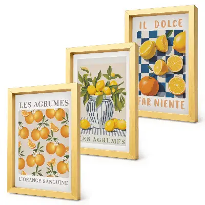 Fruta cítrica retro con detalles amarillos tríptico enmarcado