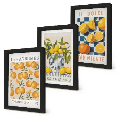 Fruta cítrica retro con detalles amarillos tríptico enmarcado