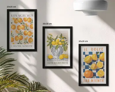 Fruta cítrica retro con detalles amarillos tríptico enmarcado