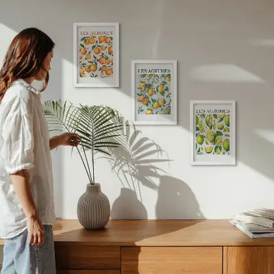 Juego de 3 cuadros decorativos con diseños de frutas cítricas en tonos pastel