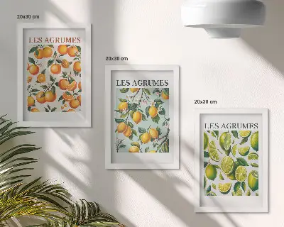 Juego de 3 cuadros decorativos con diseños de frutas cítricas en tonos pastel