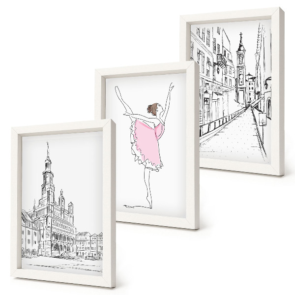 Tríptico enmarcado Imágenes elegantes de bailarinas y arquitectura.