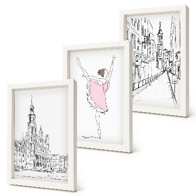 Tríptico enmarcado Imágenes elegantes de bailarinas y arquitectura.