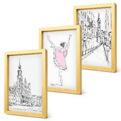 Tríptico enmarcado Imágenes elegantes de bailarinas y arquitectura.