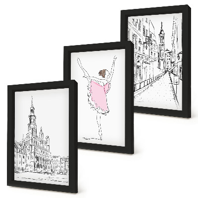 Tríptico enmarcado Imágenes elegantes de bailarinas y arquitectura.