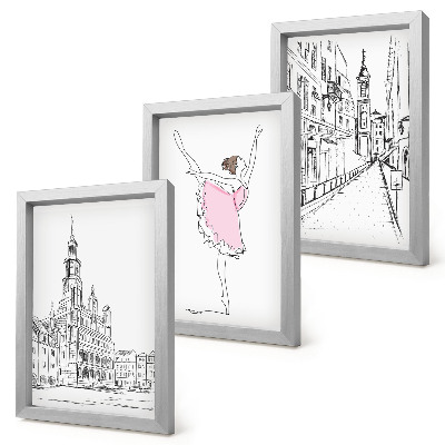 Tríptico enmarcado Imágenes elegantes de bailarinas y arquitectura.