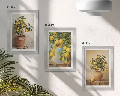 Juego de 3 cuadros decorativos de limoneros en macetas y jarrones