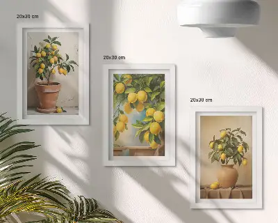 Juego de 3 cuadros decorativos de limoneros en macetas y jarrones