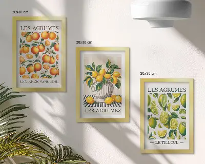 Tríptico enmarcado de frutas cítricas en diversas versiones coloridas y frescas