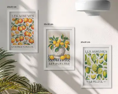 Tríptico enmarcado de frutas cítricas en diversas versiones coloridas y frescas