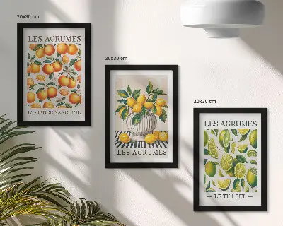 Tríptico enmarcado de frutas cítricas en diversas versiones coloridas y frescas