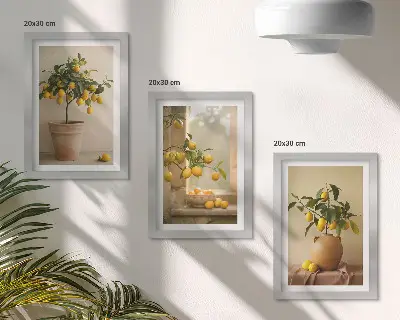 Juego de 3 cuadros decorativos de limoneros en macetas junto a una ventana