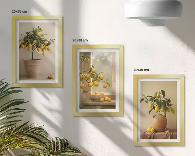 Juego de 3 cuadros decorativos de limoneros en macetas junto a una ventana