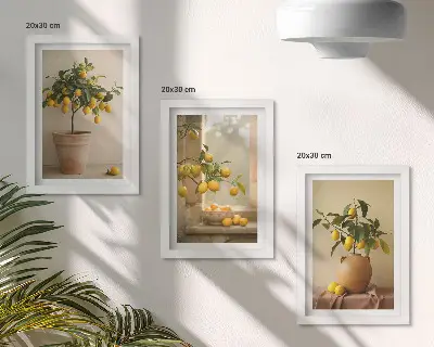 Juego de 3 cuadros decorativos de limoneros en macetas junto a una ventana
