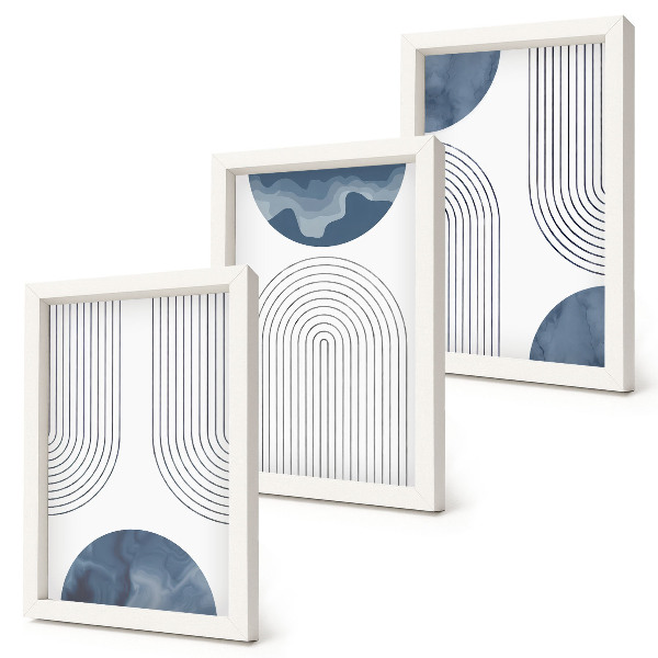 Tríptico enmarcado Diseños abstractos en tonos azules y blancos.