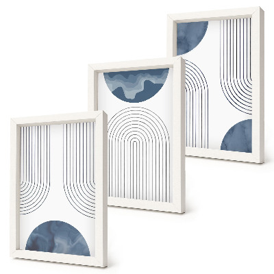 Tríptico enmarcado Diseños abstractos en tonos azules y blancos.