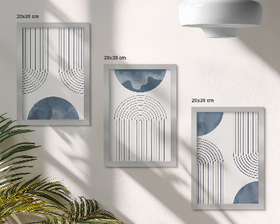 Tríptico enmarcado Diseños abstractos en tonos azules y blancos.