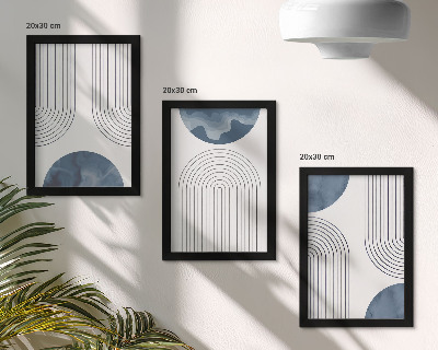 Tríptico enmarcado Diseños abstractos en tonos azules y blancos.