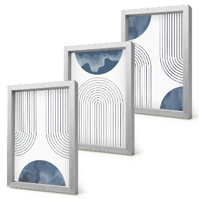 Tríptico enmarcado Diseños abstractos en tonos azules y blancos.