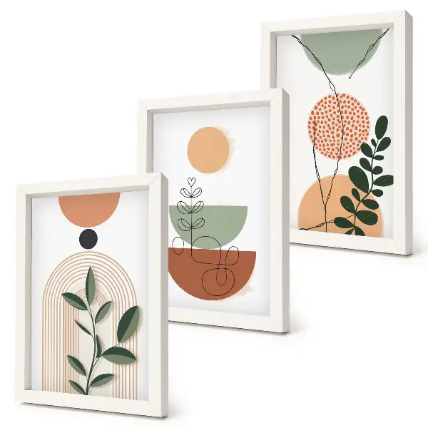 Juego de 3 cuadros decorativos con motivos de formas abstractas y vegetales coloridos