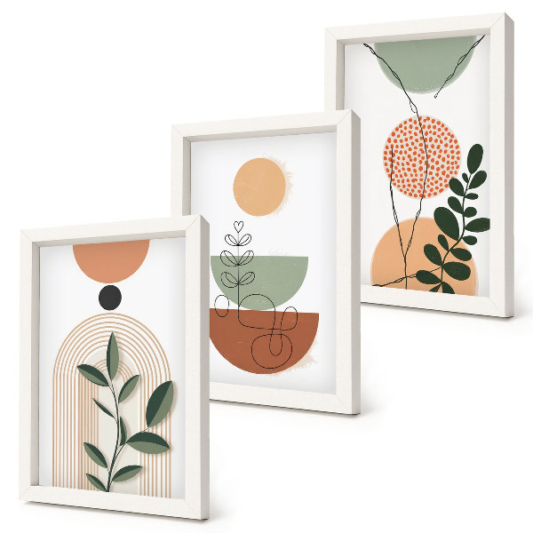 Juego de 3 cuadros decorativos Formas abstractas con coloridos motivos vegetales.