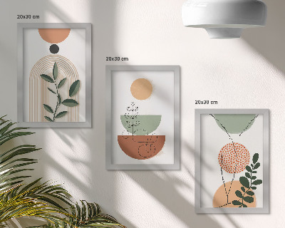 Juego de 3 cuadros decorativos Formas abstractas con coloridos motivos vegetales.
