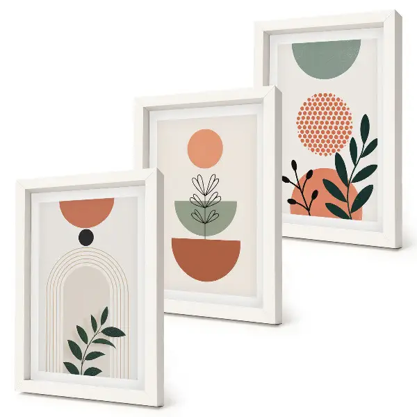 Tríptico enmarcado con motivos vegetales en formas y colores modernos