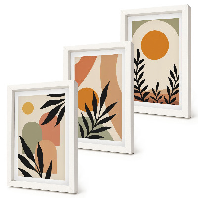 Juego de 3 cuadros decorativos Formas abstractas y motivos vegetales en colores cálidos.