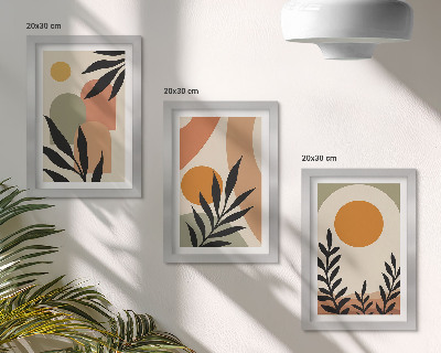 Juego de 3 cuadros decorativos Formas abstractas y motivos vegetales en colores cálidos.