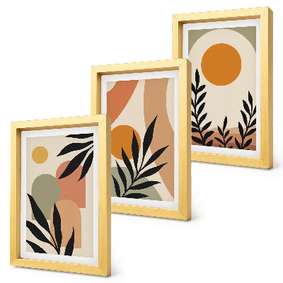 Juego de 3 cuadros decorativos Formas abstractas y motivos vegetales en colores cálidos.