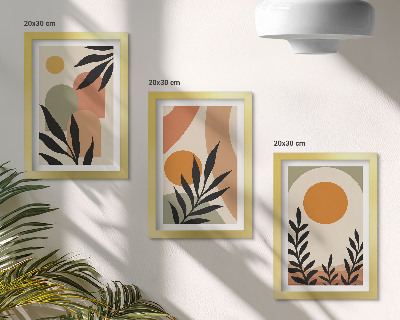 Juego de 3 cuadros decorativos Formas abstractas y motivos vegetales en colores cálidos.