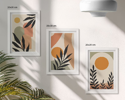 Juego de 3 cuadros decorativos Formas abstractas y motivos vegetales en colores cálidos.
