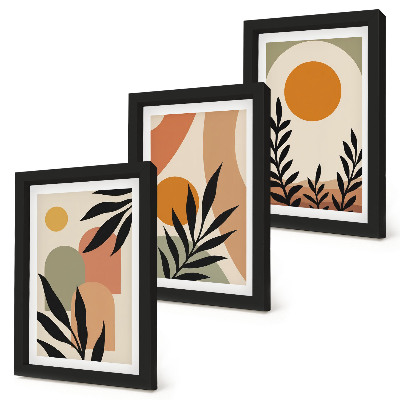 Juego de 3 cuadros decorativos Formas abstractas y motivos vegetales en colores cálidos.