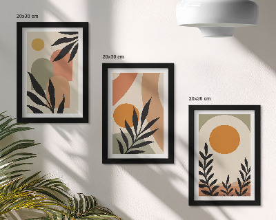 Juego de 3 cuadros decorativos Formas abstractas y motivos vegetales en colores cálidos.