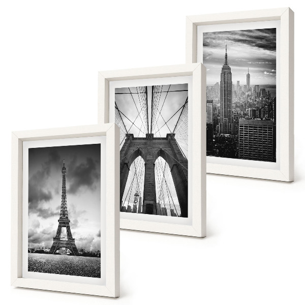 Juego de 3 cuadros decorativos Torres y puentes en tonos monocromáticos.