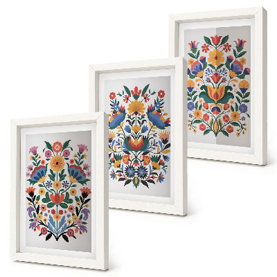 Tríptico enmarcado Estampados florales en colores intensos sobre un fondo blanco