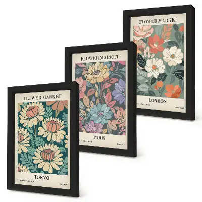 Carteles florales Tokio París Londres tríptico enmarcado