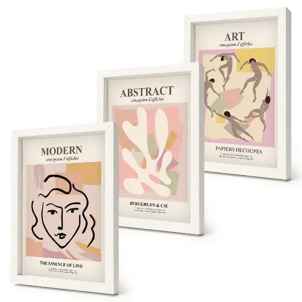 Juego de 3 cuadros decorativos retratos elegantes y formas abstractas en tonos pastel